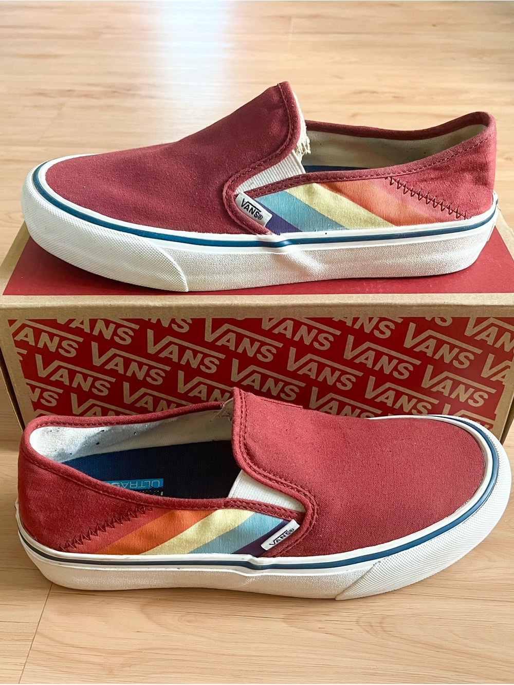 Vans Kids Slip-On Sneakers - Red with Rainbow Accent